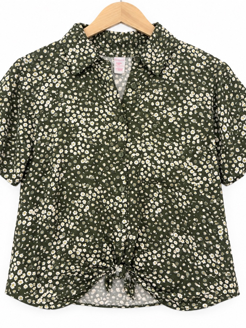 No Boundaries XXL Olive Green Floral Button Front Tie Hem Blouse